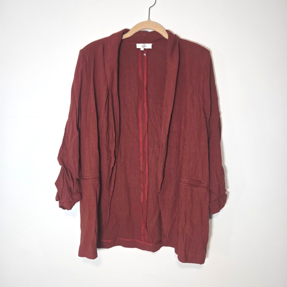 Entro Blazer Womens L Rust Red Ruched 3/4 Sleeve Linen Blend Open Front J13752